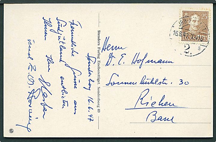 25 øre Chr. X på brevkort fra Sønderborg annulleret med reserve bureaustempel JRB-POSTKT. 2. sn5 T.416 d. 16.6.1947 til Riehen pr. Basel, Schweiz. Reservestempel (R14) benyttet på strækningen Sønderborg - Tønder.