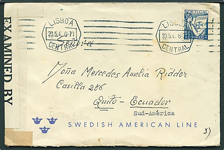 Portugal 1$75 på fortrykt Swedish America Line kuvert fra Lissabon d. 20.5.1942 til Quito, Ecuador. Åbnet af amerikansk censor no. 5342. Fra S/S “Droningholm” som i foråret 1942 sejlede diplomatudveksling mellem New York og Lissabon. Uden afsender.