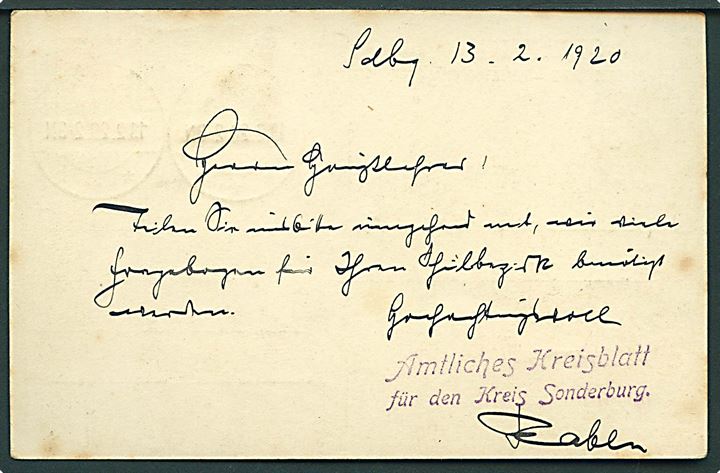 7½ pfg. Fælles udg. helsagsbrevkort opfrankeret med halveret 5 pfg. Fælles udg. og sendt som lokal brevkort fra Amtliches Kreisblatt i Sonderburg d. 13.2.1920 til Lysabild på Als. Halvering accepteret som frankering. God brugsforsendelse.