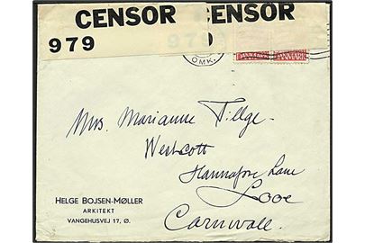 15 øre rød karavel på brev fra København d. 26.9.1939 til Cornwall, England. Engelsk censur P.C. no. 66.