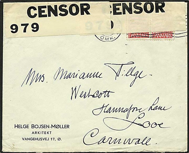 15 øre rød karavel på brev fra København d. 26.9.1939 til Cornwall, England. Engelsk censur P.C. no. 66.