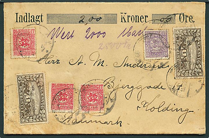 10 pfg. (3), 40 pfg. og 1 mk. (2) på 2,70 mk. frankeret værdibrev med 200 kr. fra Mögeltondern d. 14.5.1920 til Kolding, Danmark. 