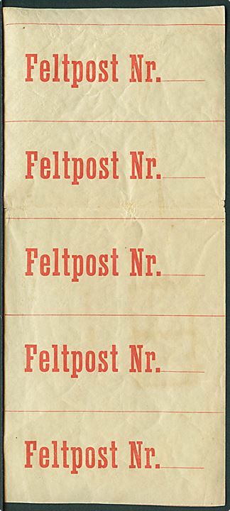 “Feltpost Nr.”. Pakke dirigerings-etiket i ubrugt lodret 5-stribe. Oprindelig bilag til Officielle Meddelelser 1908. 