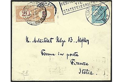 25 øre blå karavel på brev fra København d. 17.4.1923 til Firenze, Italien. 20 og 5 centimes gebyrmærker påsat.
