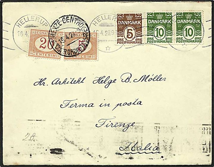 5 øre brun og 10 øre grøn bølgelinie på brev fra Hellerup d. 16.4.1928 til Firenze, Italien. 20 og 5 centimes gebyrmærker påsat.