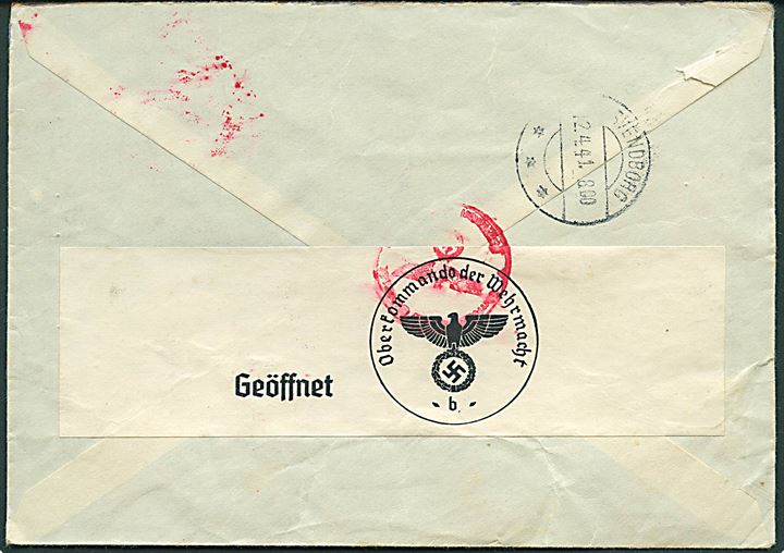 Tysk 35 pfg. frankeret luftpostbrev fra Berlin d. 5.4.1941 til Tommerup. opfrankeret med dansk 20 øre Karavel i par (et mærke med rift) og eftersendt som ekspres fra Tommerup d. 11.4.1941 til Svendborg. Åbnet af tysk censur i Berlin.