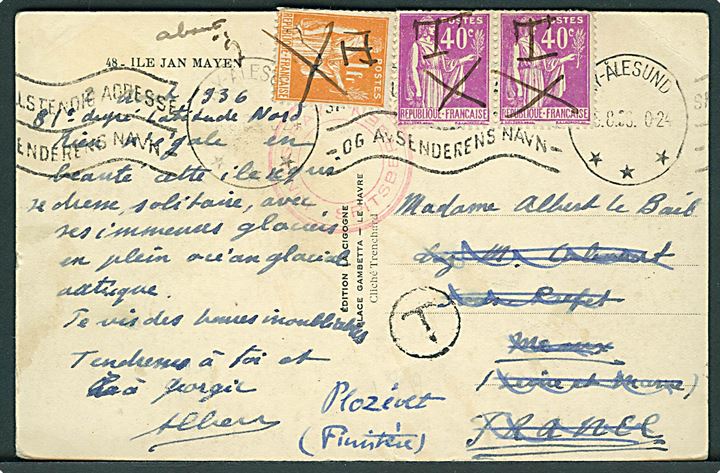 Ufrankeret brevkort (Jan Mayen) med rødt turiststempel og maskinstempel Ny-Ålesund /”Skriv fuldstændig addresse og avsenderens navn” d. 2.8.1936 til Frankrig. Udtakseret i porto med sort “T”-stempel, samt fransk 40 c. (2) og 1 fr. annulleret med blækkryds og “T”. 
