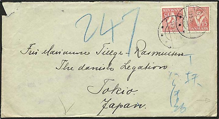 15 øre rød Hans Tavsen på brev fra Espergærde d. 19.9.1936 til Tokyo, Japan. Japansk ankomststempel på bagsiden, brevet muligvis sat i porto.