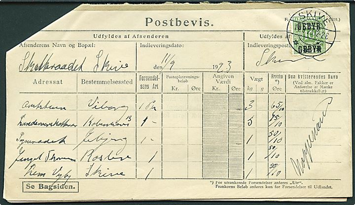 10 øre Gebyr Provisorium (5) på fem sammenhæftede Postbeviser - F. Nr. Form. 42 (1/7 1919) - for afsendelse af 21 pakker fra Skive Skatteraad stemplet Skive d. 11. 9.1923. Usædvanlig enhed.