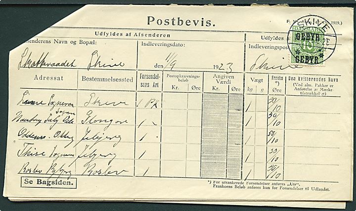 10 øre Gebyr Provisorium (5) på fem sammenhæftede Postbeviser - F. Nr. Form. 42 (1/7 1919) - for afsendelse af 21 pakker fra Skive Skatteraad stemplet Skive d. 11. 9.1923. Usædvanlig enhed.