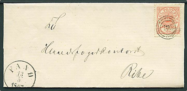 4 sk. Krone/Scepter på brev annulleret med nr.stempel “205” og sidestemplet antiqua Fanø d. 13.5.1867 via Varde til Ribe. På bagsiden oblat fra Fanö Birk.