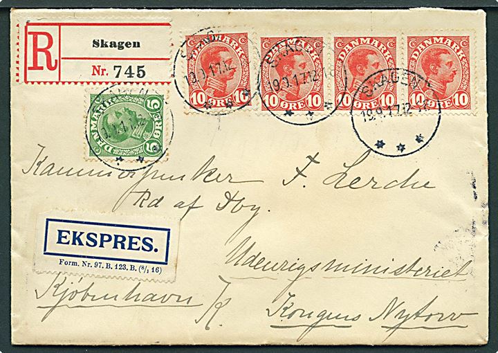 5 øre og 10 øre (4) på 45 øre frankeret anbefalet ekspres brev med brotype IIIb Skagen d. 19.9.1917 til Kammer-junker F. Lerche, Udenrigsministeriet, Kjøbenhavn.