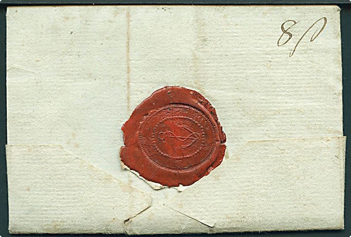 1818. Fodpostbrev med negativ lignende aftryk af F.P. (type 2) i rød farve på francobrev fra Tøjhus Sprøjten i Kjøbenhavn d. 25.10.1818 til Brandmajor Schmidth. Fejlagtig anvendelse af rød stempelfarve (portobrev) som er overstreget med rødkridt. Spændende forsendelse.