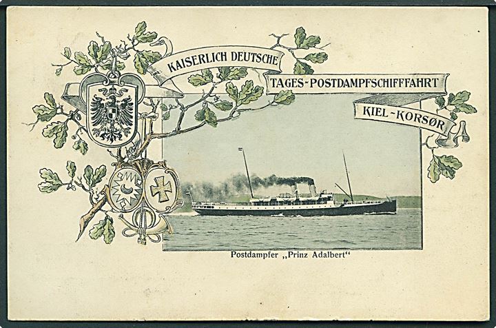 Tysk 5 pfg. Germania (par) på brevkort (Postdampfer “Prinz Adalbert”) annulleret med skibsstempel Korsør - Kiel DPSK:POSTKT: No. 4 d. 25.11.1909 til Pankow ved Berlin, Tyskland. 