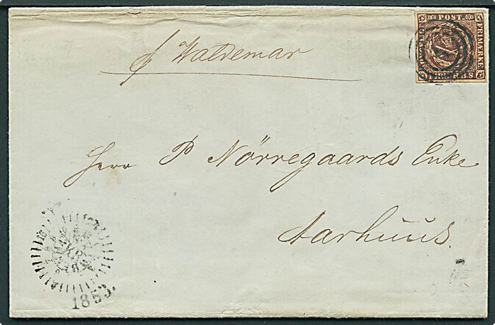 4 R.B.S. Thiele II sortbrun på dampskibsbrev påskrevet pr. Waldemar annulleret med nr.stempel “1” og side-stemplet med kompasstempel Kjøbenhavn KB d. 19.10. 1853 til Aarhus. Dampskibet “Waldemar” besejlede ruten Kjøbenhavn - Aarhus i perioden 1852-1867.