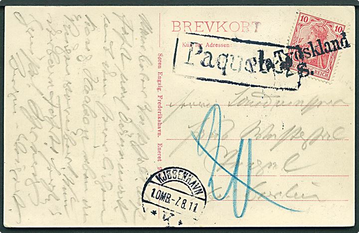 Tysk 10 pfg. Germania på brevkort (S/S Kong Haakon) annulleret med sjældent skibsstempel Fra Tyskland S. (Stettin) og sidestemplet både Paquebot og Kjøbenhavn d. 7.8.1911 til Berlin, Tyskland. Fejlagtigt udtakseret i 20 pfg. tysk porto. 