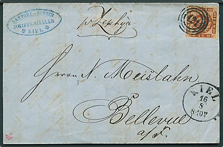 4 sk. stukken kant på brev påskrevet pr. Zephyr med nr.stempel “121” og sidestemplet antiqua Kiel d. 16.8.1863 til Bellevue på Fehmern. Dampskibet Zephyr besejlede i 1863 ruten Kiel - Nakskov med anløb på Fehmern.