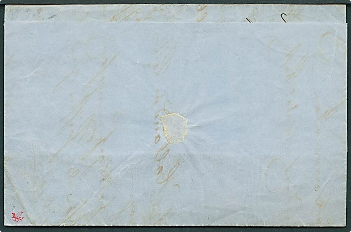 4 sk. stukken kant på brev påskrevet pr. Zephyr med nr.stempel “121” og sidestemplet antiqua Kiel d. 16.8.1863 til Bellevue på Fehmern. Dampskibet Zephyr besejlede i 1863 ruten Kiel - Nakskov med anløb på Fehmern.