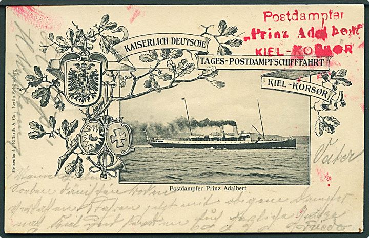 Tysk 5 pfg. Germania på brevkort (Postdampfer Prinz Adalbert) annulleret med bureaustempel Hamburg - Kiel Zug 39 d. 14.8.1903 til Berlin. På bagsiden rødt stempel: Postdampfer “Prinz Adalbert” Kiel - Korsør.
