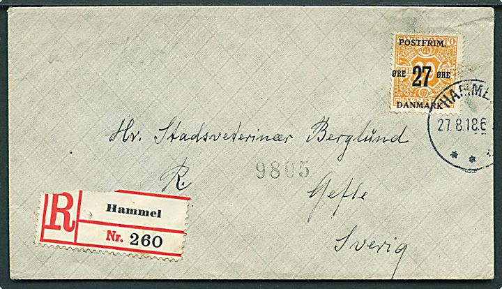 27/29 øre Provisorium på anbefalet brev fra Hammel d. 27.8.1918 til Gefle, Sverige. God singlefrankatur.
