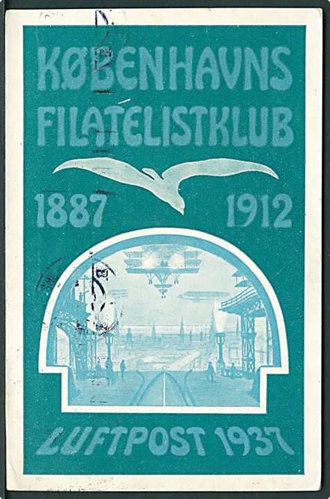 5 øre Bølgelinie og rød Københavns Filatelistklub 1887-1912 mærkat på jubilæumskort stemplet Kjøbenhavn d. 22.11.1912 til Malmö, Sverige.