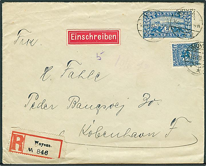 20 pfg. og 2 mk. Fælles udg. på anbefalet 2. vægtklasse brev stemplet Woyens **a d. 10.5.1920 til København. Korrekt porto: 2. vægtkl. 140 pfg. + rec. gebyr 80 pfg. 
