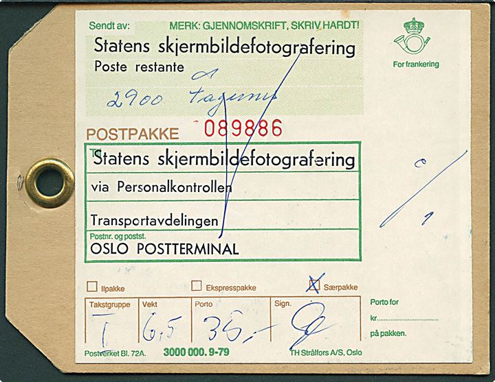 5 kr. Off. Sak. i 7-blok på bagsiden af manila-mærke for for tjenesteforsendelse Etnedal d. 15.2.1981 til Oslo. Usædvanlig forsendelse.