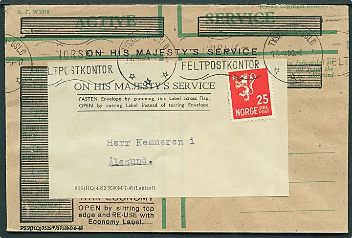 25 øre Løve på On his Majesty’s Service genbrugskuvert stemplet Tyskland-Oslo/Norsk Feltpostkontor d. 17.4. 1950 til Ålesund. Fra den norske brigade i Tyskland.