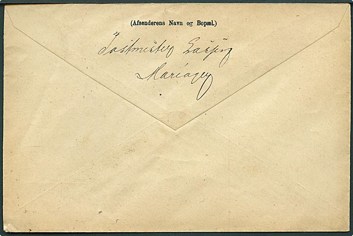 12 øre Tofarvet rød/grå i parstykke på adressebrev for pakke annulleret med lapidar Mariager d. 5.12. ca. 1890 til Kjøbenhavn. Fra Postmester Lassen i Mariager (1886-1895). Pæn forsendelse.