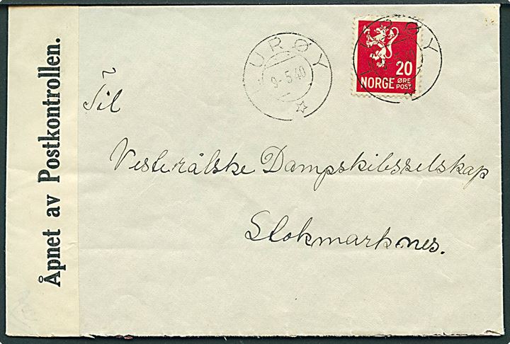 20 øre Løve på brev fra Lurøy d. 9.5.1940 til Stokmark-nes. Censureret i Bodø med fortrykt hvid banderole type 1: Åpnet av Postkontrollen. 
