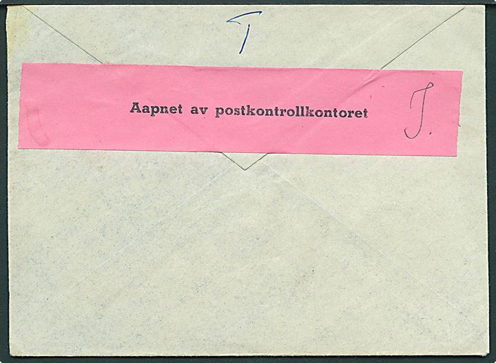 20 øre Løve på brev fra Lyngseidet d. 6.5.1940 til Stokmarknes. Censureret i Harstad med fortrykt rød banderole type 2: Aapnet af postkontrollkontoret. 