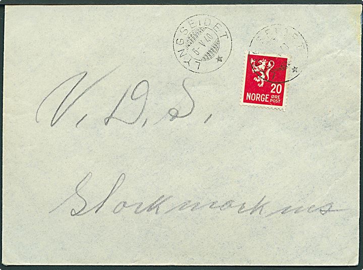 20 øre Løve på brev fra Lyngseidet d. 6.5.1940 til Stokmarknes. Censureret i Harstad med fortrykt rød banderole type 2: Aapnet af postkontrollkontoret. 