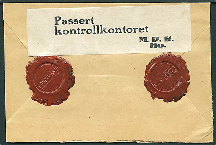 60 øre Løve på værdibrev fra Hommingvåg d. 22.5.1940 til Tromsø. Censuret i Honningvåg med fortrykt hvid banderole type 1: Passert kontrollkontoret M.P.K. Ho.