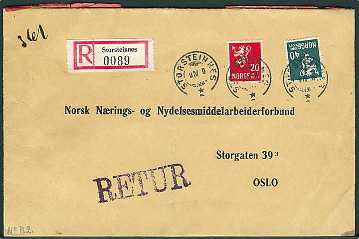 20 øre og 60 øre Løve på anbefalet brev fra Storsteinnes d. 9.4.1940 til Oslo. Returneret pga. det tyske angreb og returneret med stort Retur stempel. Censureret i Tromsø med fortrykt rød banderole type 1: Postkontrollkontor nr. 8 (M.P.K.) d. 9.5.1940. Ny tidligste dato.