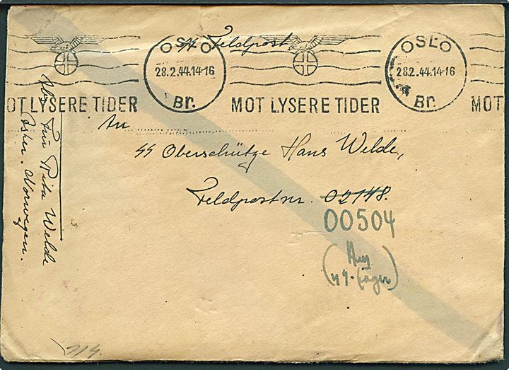 Ufrankeret feltpostbrev fra Oslo d. 28.2.1944 til SS-ober-schütze ved Feldpost-nr. 02148 = Norwegische Polizei-Ski-Kompanie (6. SS-Gebirgs-Division) - eftersendt til Feldpost-nr. 00504 = Norwegisches Ski-Jäger-Bataillon (6. SS-Division). Åbnet af SS-feldpostcensur. 