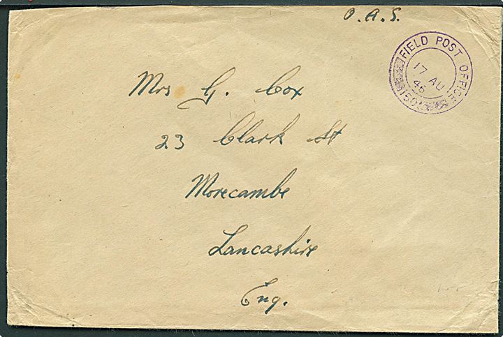 Ufrankeret britisk OAS feltpostbrev med violet stempel Field Post Office 150 d. 17.8.1945 til Morecambe, Engl. FPO 150 blev benyttet ved feltpostkontor S.829 i Bergen. Alle kendte aftryk er i violet farve. Kuvert letbeskåret.