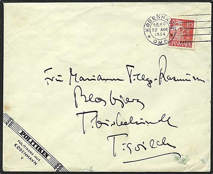 15 øre rød karavel på brev fra København d. 22.8.1934 til Tisvilde. Mærket med perfin P33 - Politikken. Afstemplet med forsøgsstempel.