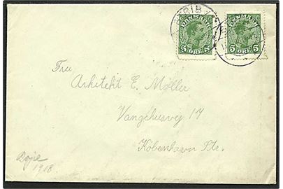 5 øre grøn Chr. X (2) på brev fra spejderlejren i Røjle stemplet Strib d. 11.7.1918 til København.