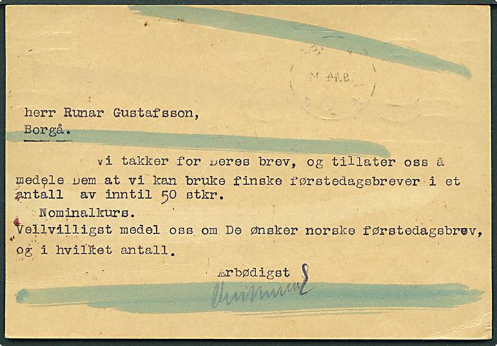 15 øre Holberg på brevkort fra Sandenes d. 18.9.1944 til Borgå, Finland. Censureret ved den tyske censur i Oslo med bl.a. kemisk censur og rødt rammestempel: Retur Avsender Tysk Censur! God kombination.