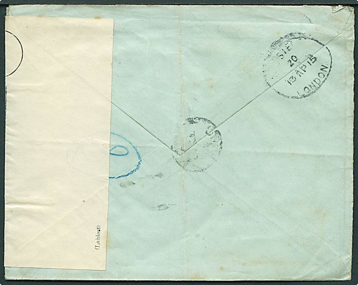 35 öre Gustaf single på anbefalet brev fra Stockholm d. 6.4.1915 via London til Glasgow, Scotland. Stort violet censurstempel: Postal Censorship / Registered Section og lukket med OHMS lukkebanderole.
