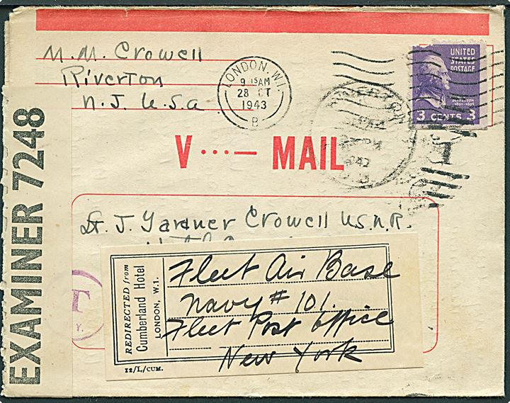 Amerikansk 3 cents på underfrankeret V-Mail formular fra Riverton d. 12.9.1943 til flådeofficer Lt. Crowell USNR i London, England - eftersendt til Fleet Air Base Navy #101, Fleet Post Office, New York. Navy #101 var NOB Reykjavik, Island. Britisk censur PC90/7248..