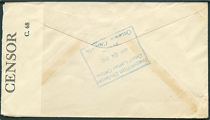 Canadisk 1 cent George VI og 4 cents George V på brev fra Sarnia d. 26.3.1940 til Kalundborg, Danmark. Åbnet af canadisk censur C.68 og returneret via Ottawa Dead Letter Division d. 24.5.1940 med stempel: Mail Service Suspended. God forsendelse fra Canada.