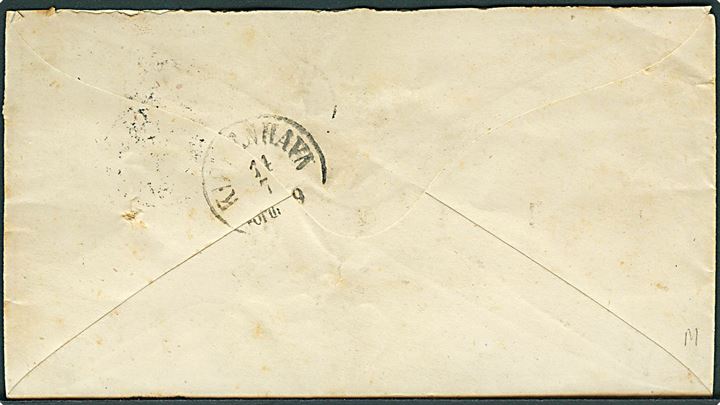 4 sk. Våben (2) på 8 skilling frankeret brev annulleret med antiqua Christiania d. 12.7.1871 via CHR. BYP. til Kjøbenhavn, Danmark. Ank. Kjøbenhavn d. 14.7.1871. 