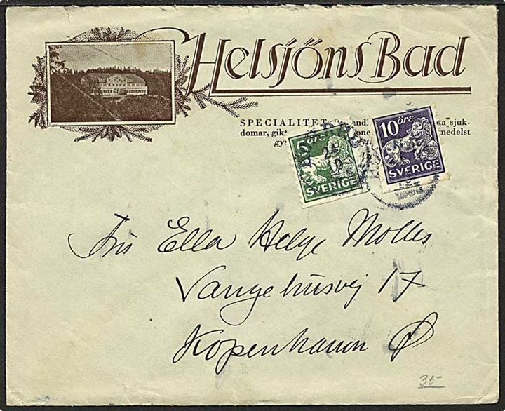5 øre grøn og 10 øre violet løve på brev fra Sverige d. 24.10.1905 til København. Landkortmotiv på bagsiden af kuverten.
