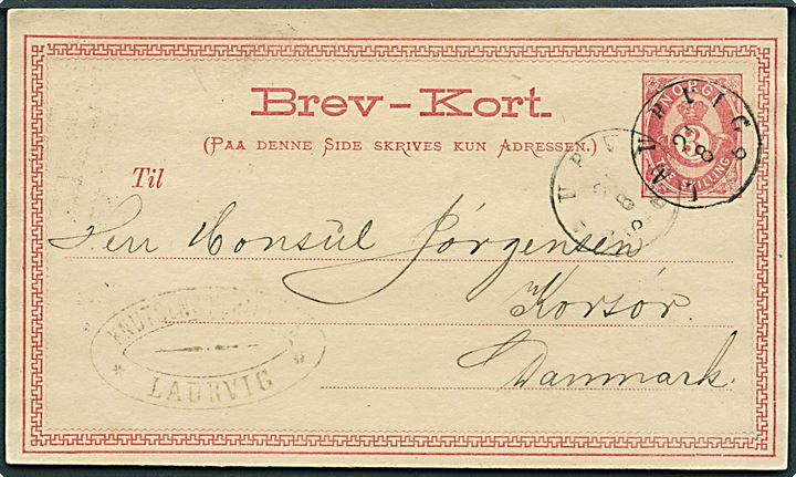 3 sk. Posthorn helsagsbrevkort annulleret med antiqua Laurvig d. 21.8.1876 til Korsør, Danmark. Sjælden anvendelse til Danmark.