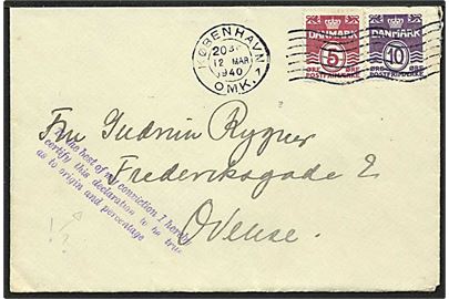 5 øre vinrød og 10 øre violet bølgelinie på brev fra København d. 12.3.1940 til Odense. Privat stempel på kuverten.