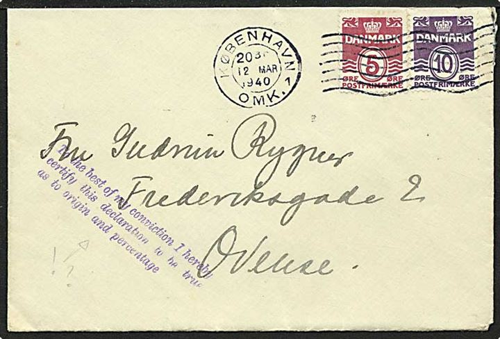5 øre vinrød og 10 øre violet bølgelinie på brev fra København d. 12.3.1940 til Odense. Privat stempel på kuverten.