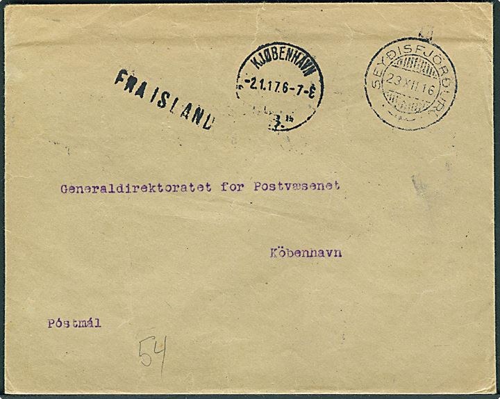 Ufrankeret postsag fra Seydisfjördur d. 23.12.1916 til Generaldirektoratet for Postvæsenet i København. Behandlet som skibspost med stempel Fra Island og Kjøbenhavn B. d. 2.1.1917. Usædvanlig