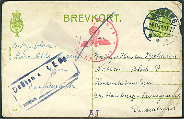 15 øre Chr. X helsagsbrevkort fra Assens d. 8.11.1944 til dansk indsat Kaptajn Kristen Kjeldsen i Konzentrations-lager Neuengamme ved Hamburg. Svag lejrcensur, samt tysk censur fra Hamburg og spor efter kemisk censur. Noget medtaget.