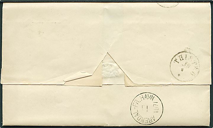 2 sk. og 3 sk. Løve på brev fra Porsgrund d. 16.4.1871 påskrevet via Arendal til Thisted, Danmark. På bagsiden sjældent skibsstempel Arendal - Fr.havn d. 17.4.1871. Stempel kun benyttet 1871-1872. Luksus objekt.